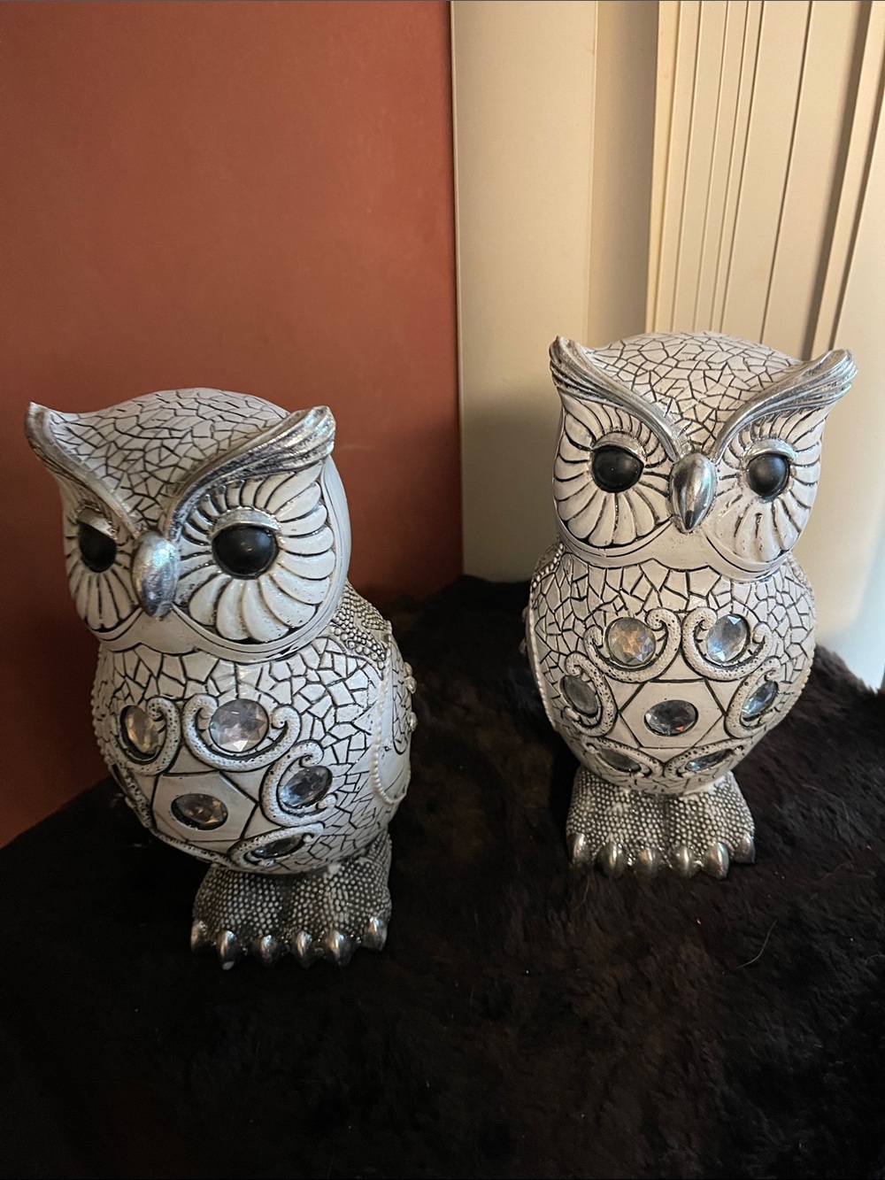 Decorative Pair of White & Silver Owl Figurines